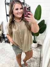 Load image into Gallery viewer, Gauze Button Down Babydoll Blouse in Taupe