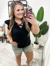 Load image into Gallery viewer, Gauze Keyhole Neckline Flutter Sleeve Blouse in Black