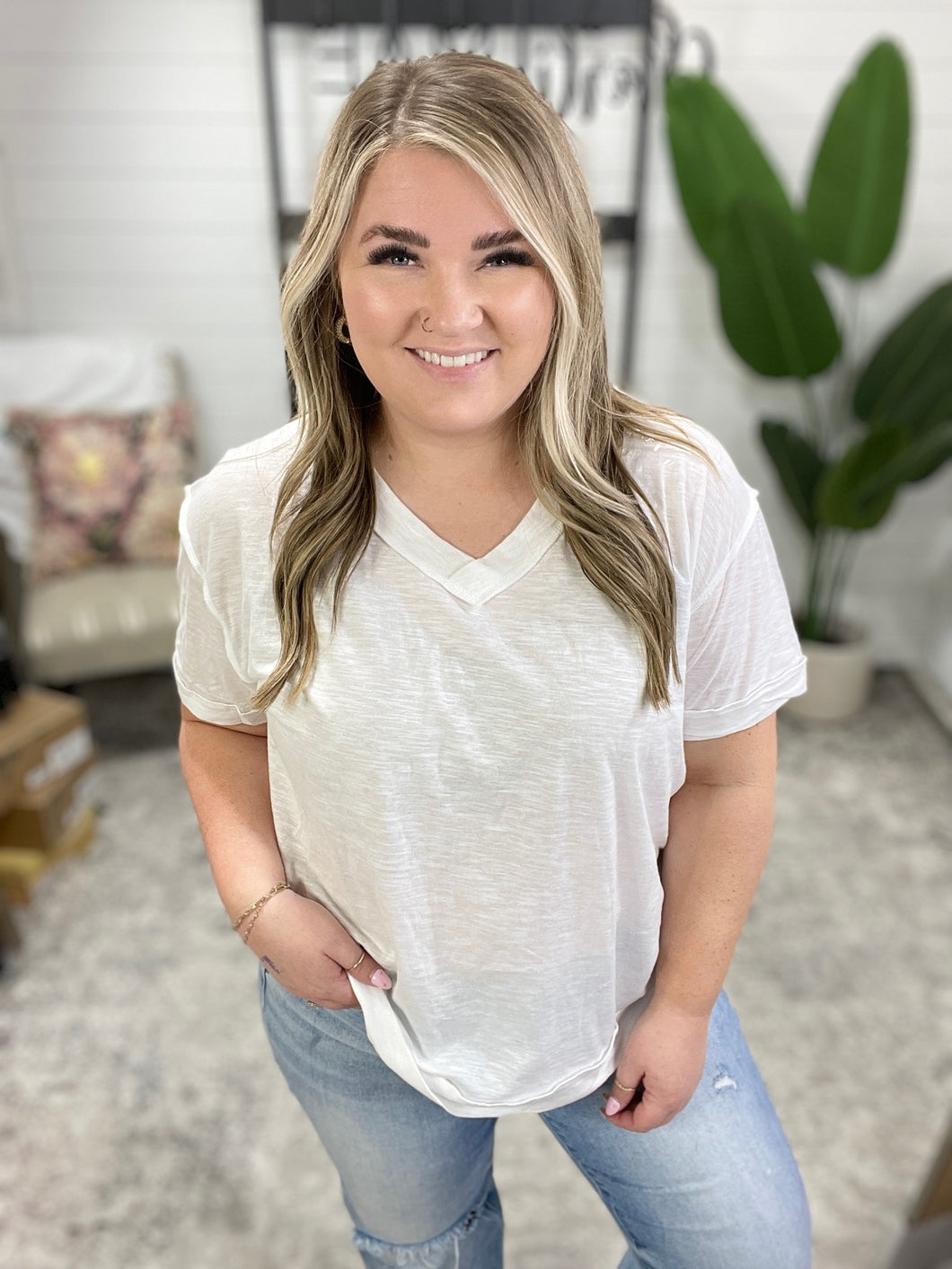 Basic Instinct Drop Shoulder V-Neck Tee in Ivory