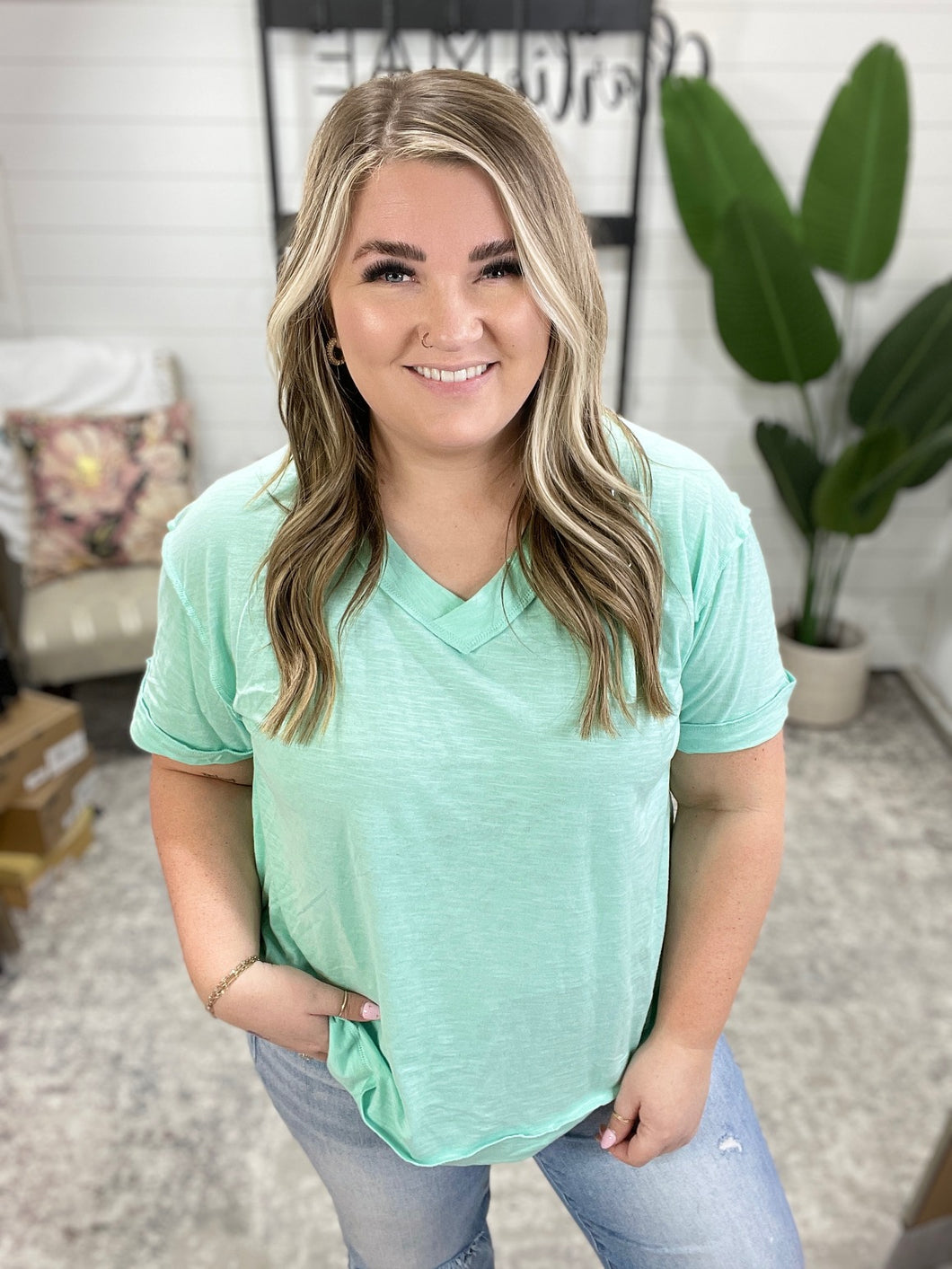 Basic Instinct Drop Shoulder V-Neck Tee in Mint