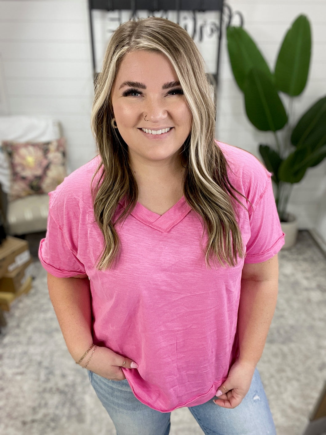 Basic Instinct Drop Shoulder V-Neck Tee in Pink