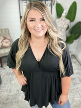 Load image into Gallery viewer, Storied Moments Draped Peplum Top in Black