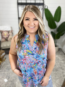 Lizzy Tank Top in Aqua and Pink Tropical Floral