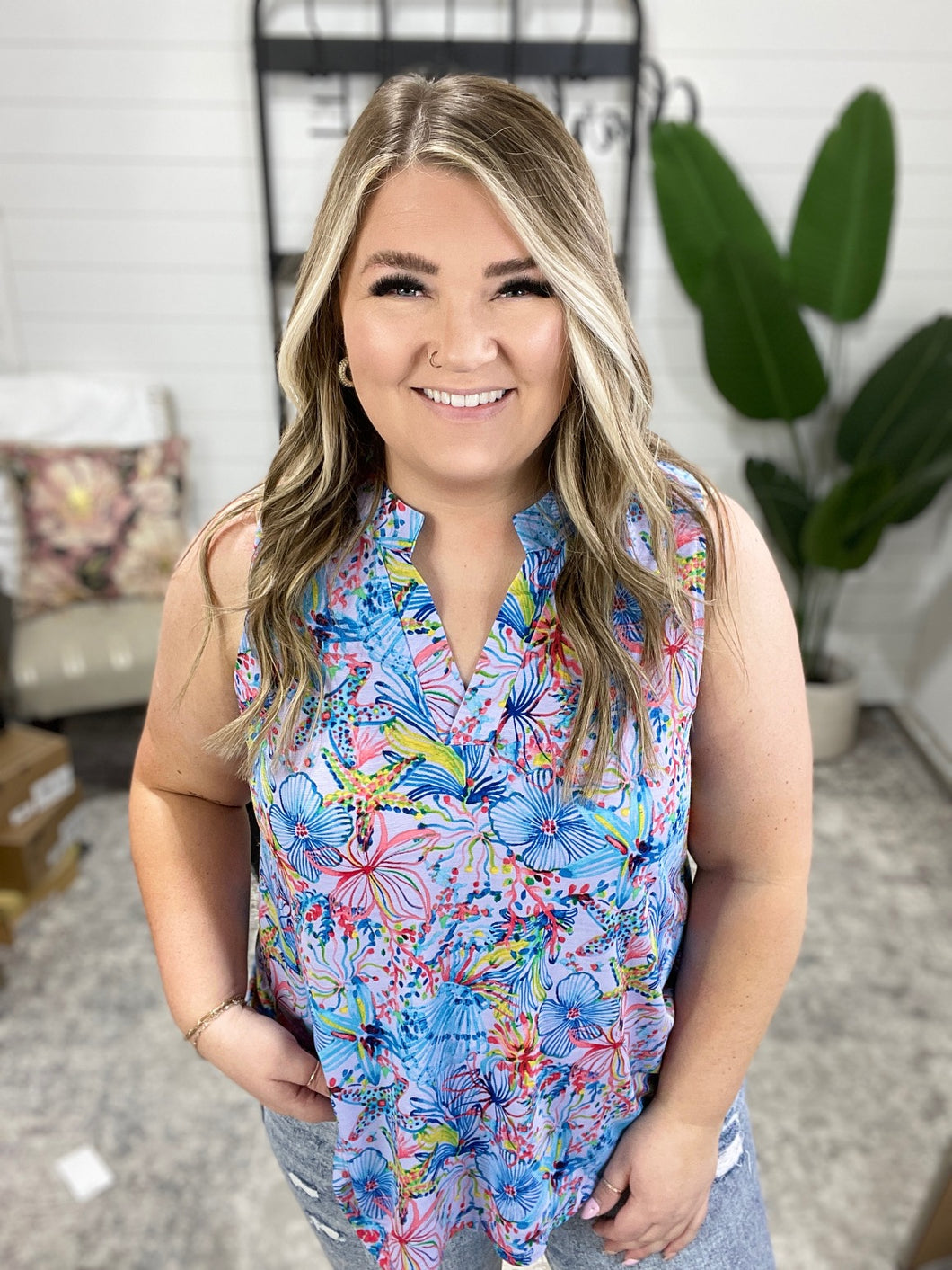 Lizzy Tank Top in Aqua and Pink Tropical Floral