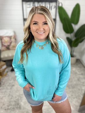 It's The Little Things Relaxed Scuba Pullover in Mint Sky