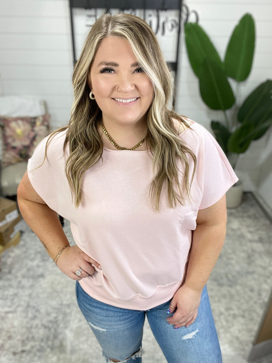 Pilates Princess Off Shoulder Top in Seashell Pink