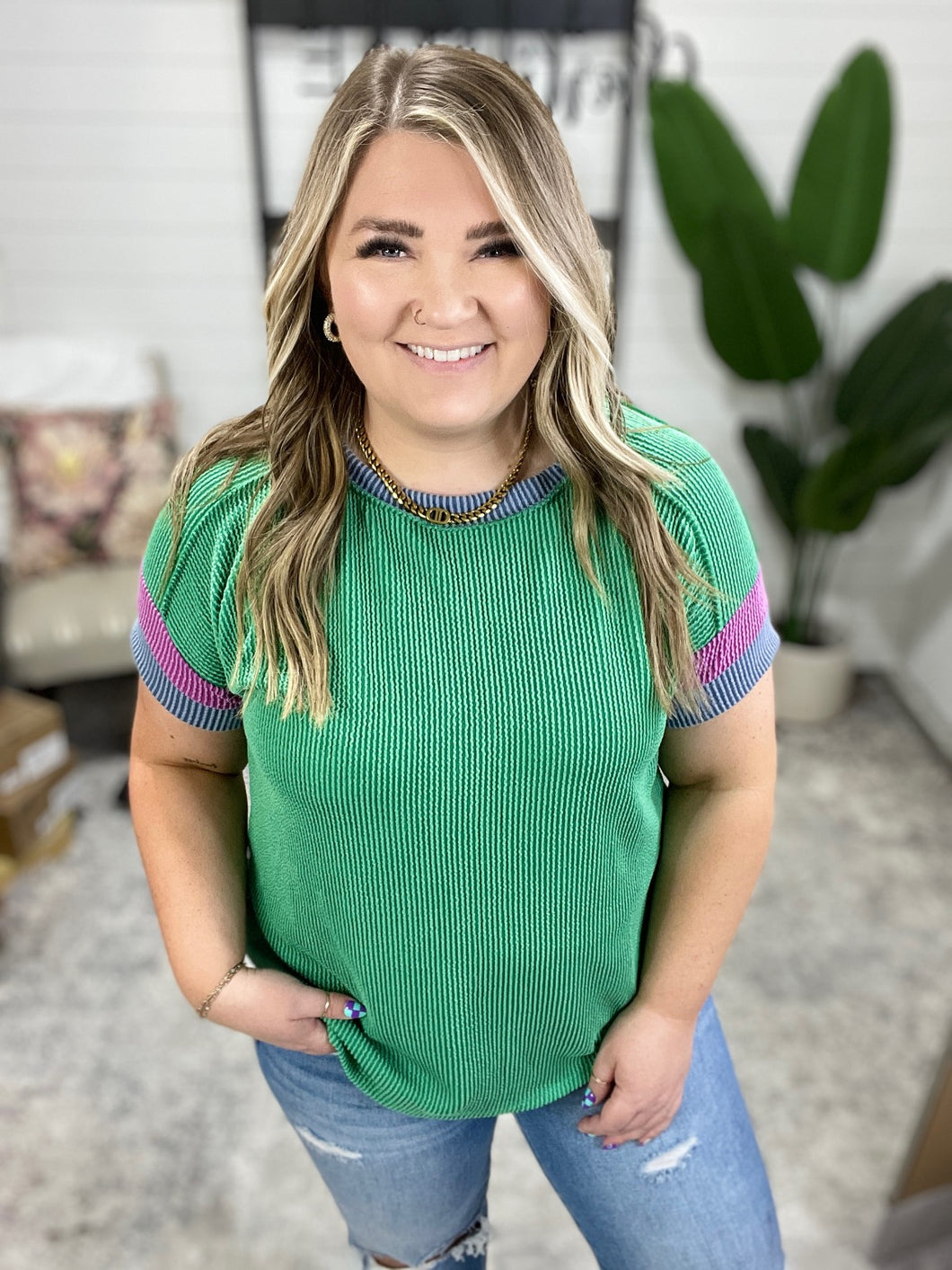 It's an Ego Thing Cable Ribbed Knit Top in Kelly Green