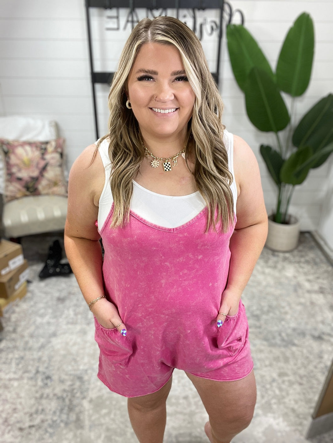 Carefree Cutie Slouchy Pocket Romper in Pink