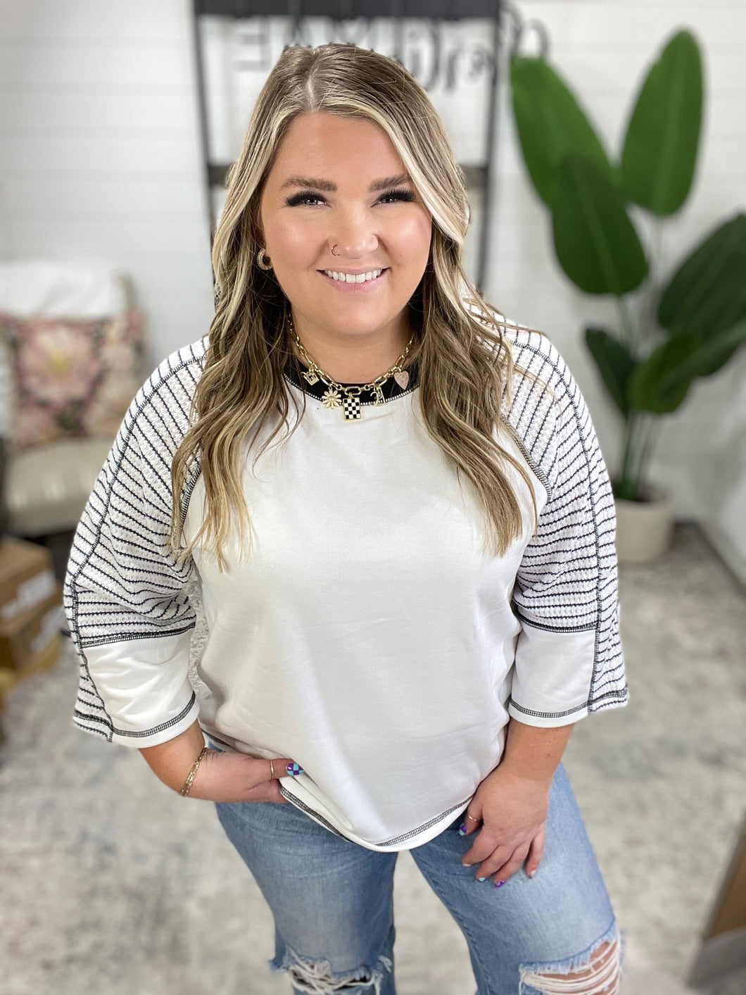 Preoccupied Striped Sleeve Top in Black