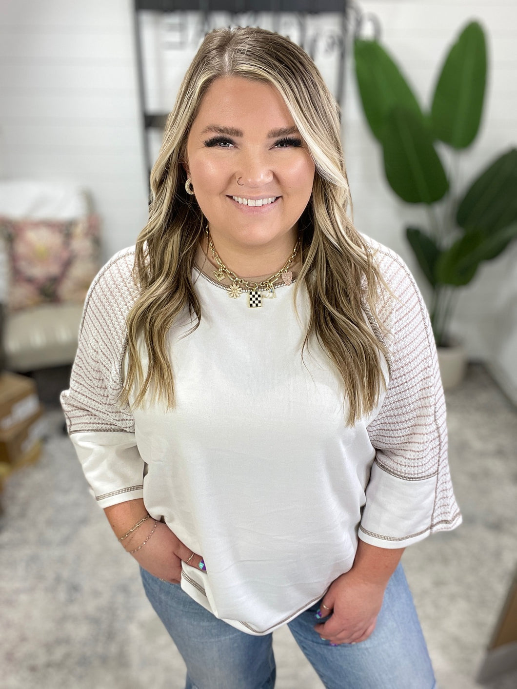 Preoccupied Striped Sleeve Top in Tan