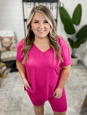 Buttery Soft V-Neck Bike Short Set in Hot Pink