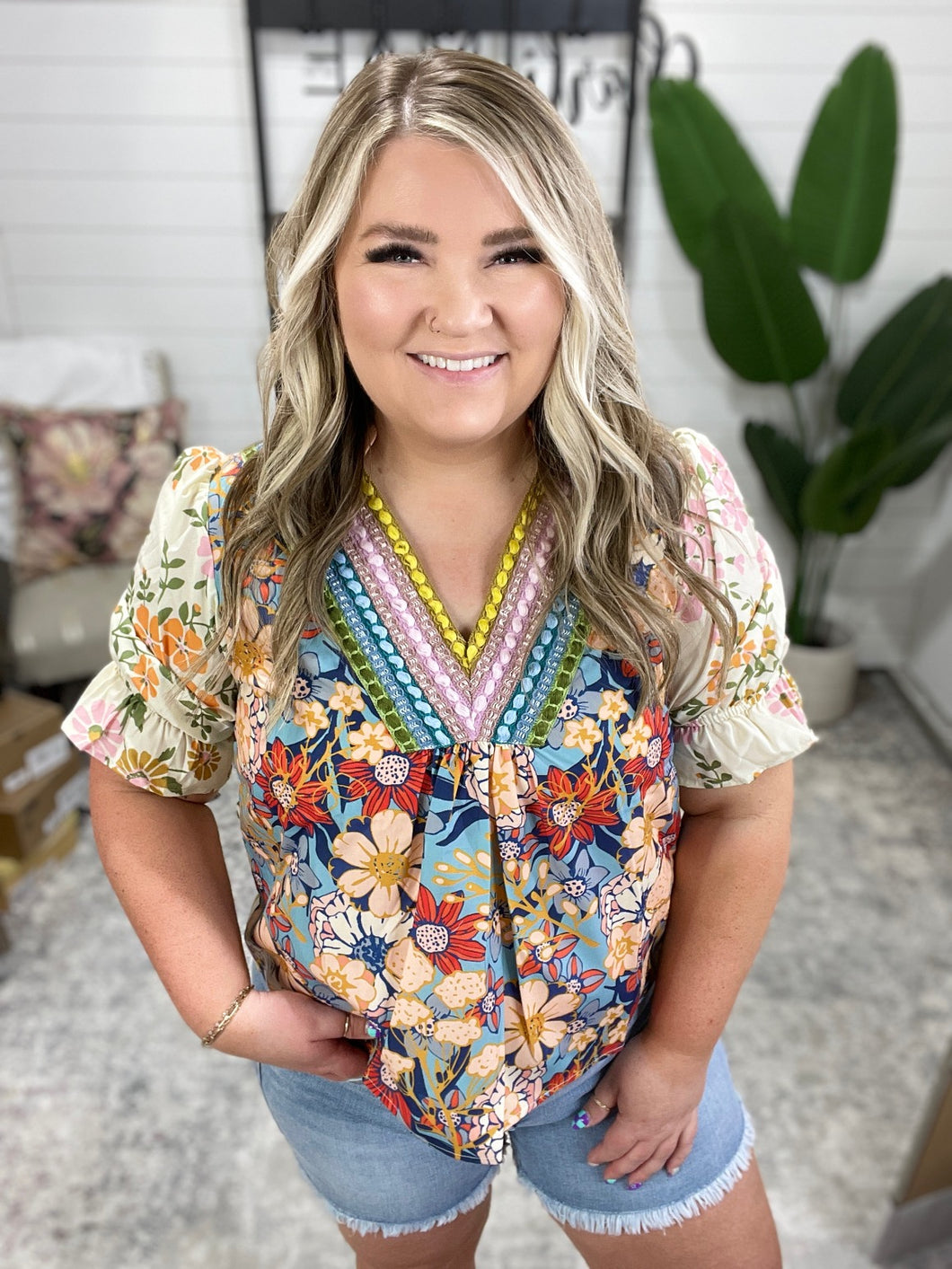 Less Concerned V-Neck Floral Blouse