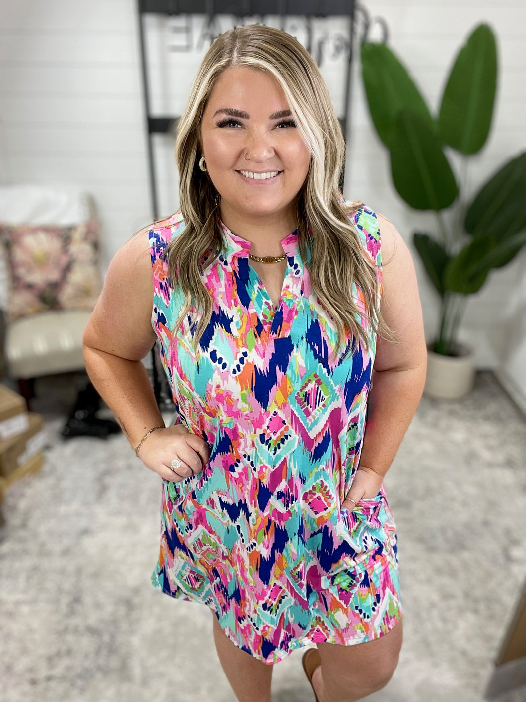 Lizzy Tank Dress in Teal and Pink Ikat