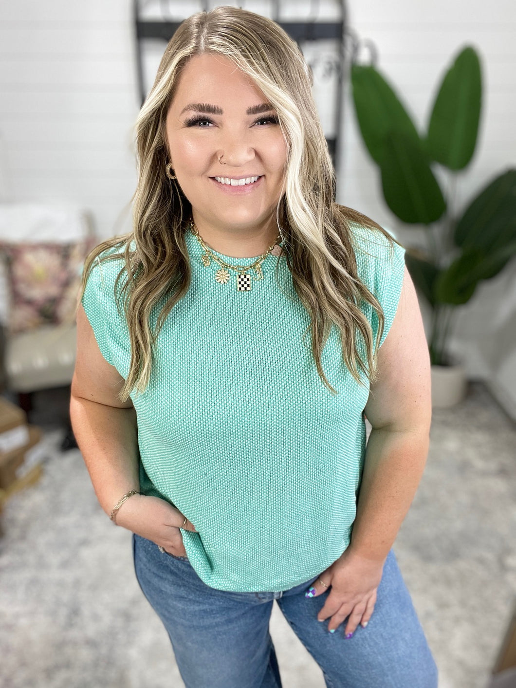 Casually Iconic Waffle Knit Top in Mint