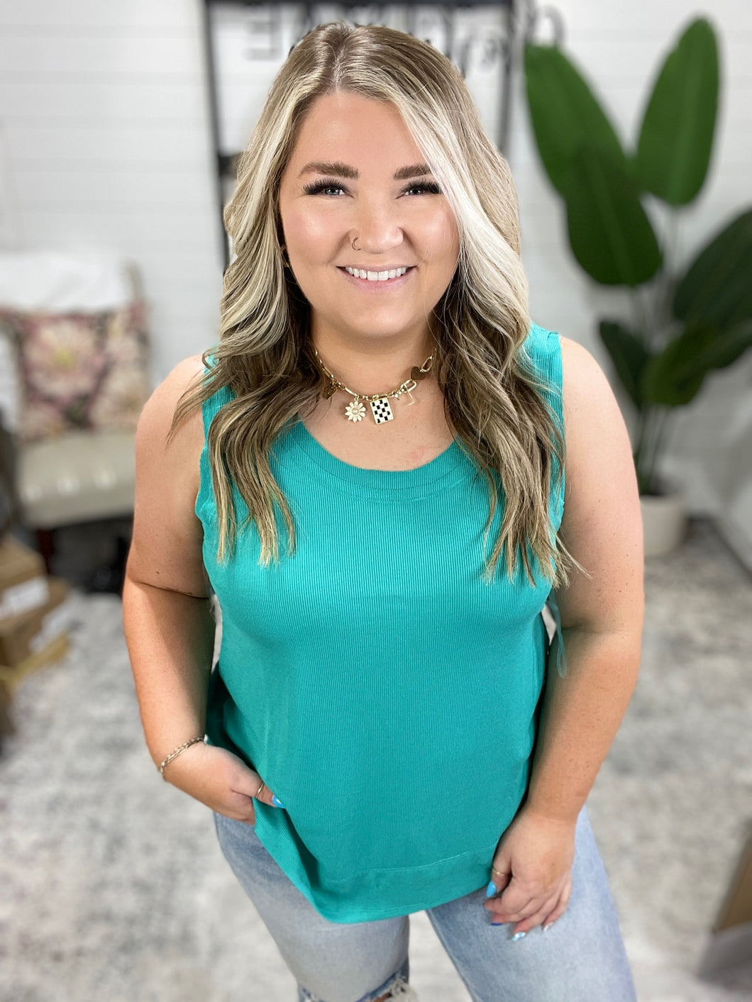 Mellow Muse Relaxed Knit Tank in Emerald