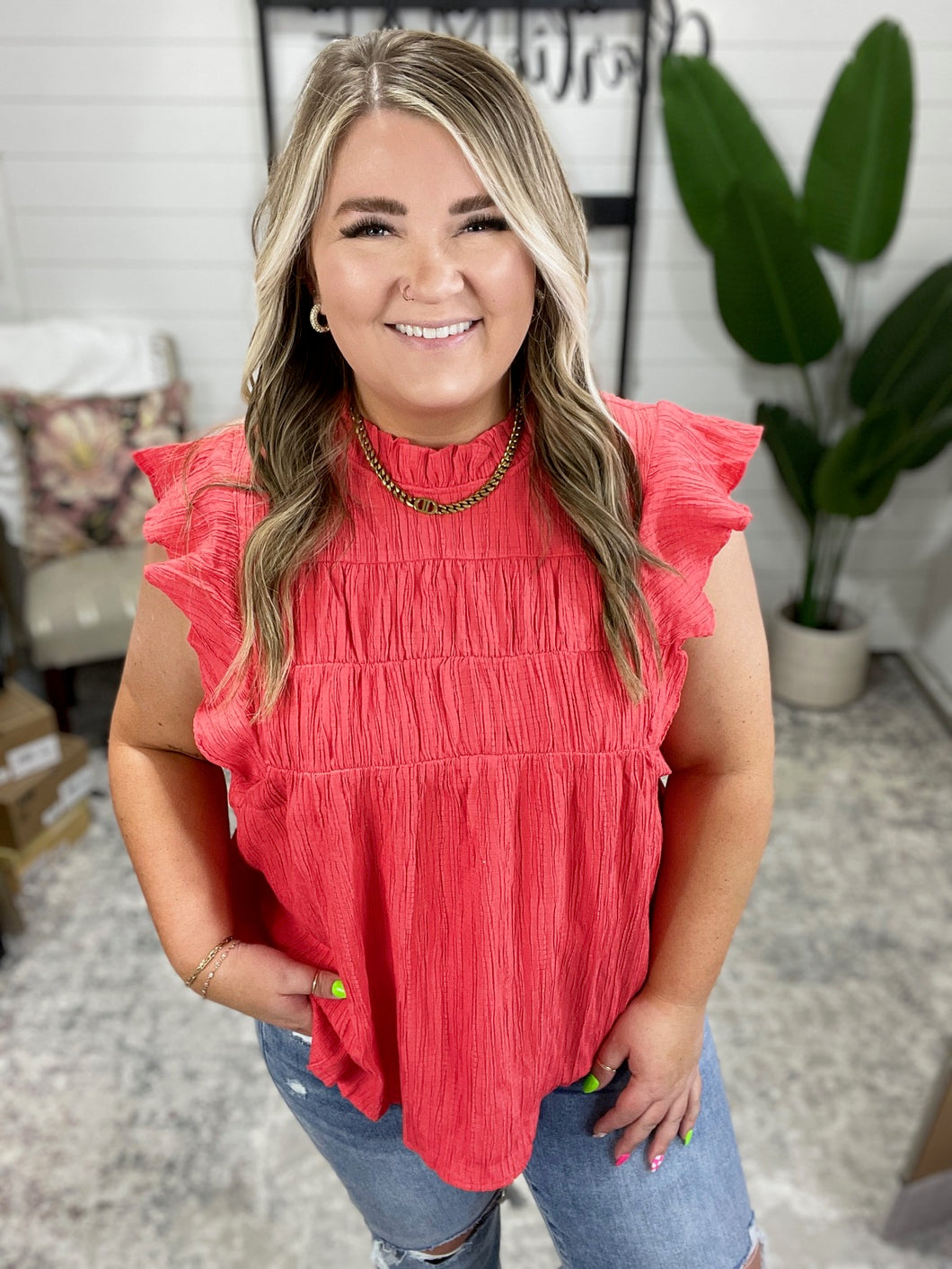 Float This Way Flutter Sleeve Blouse in Coral