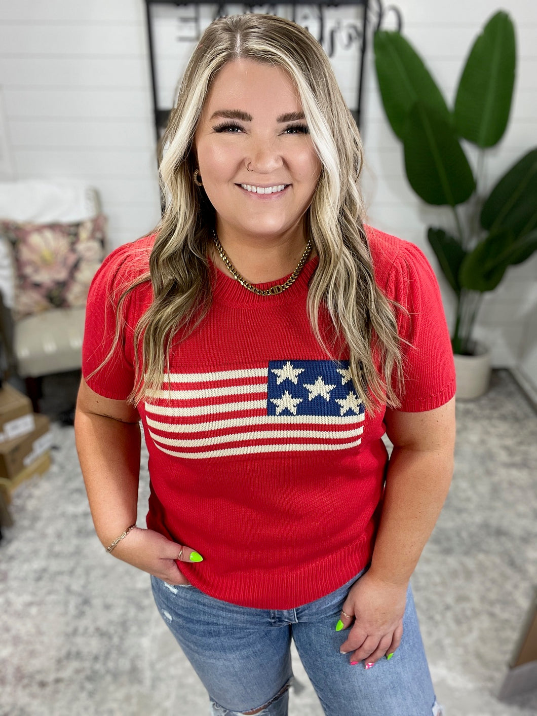 Hand Over Heart Graphic Knit Top in Red