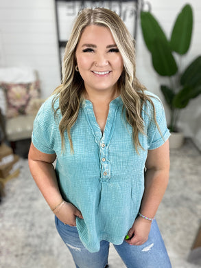 Basic Fade V-Neck Acid Wash Top in Dusty Teal