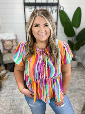 Chromatide Puff Sleeve Blouse in Mint/Orange