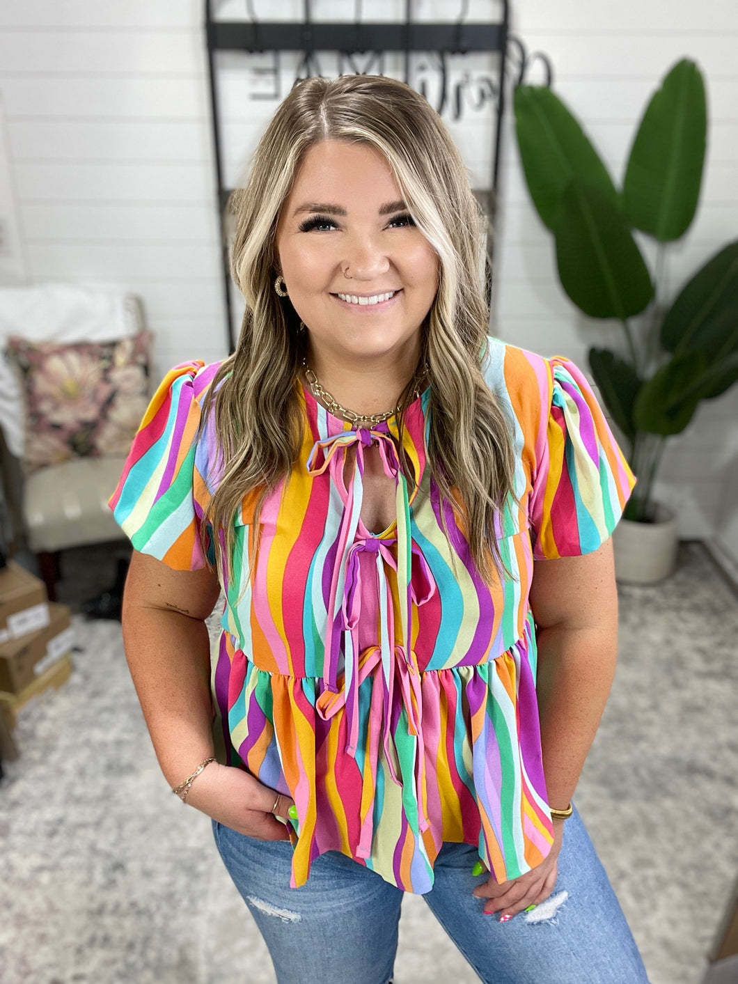 Chromatide Puff Sleeve Blouse in Mint/Orange