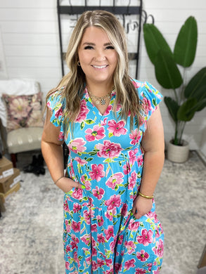 Fleurget Me Not Tiered Flutter Sleeve Dress in Aqua