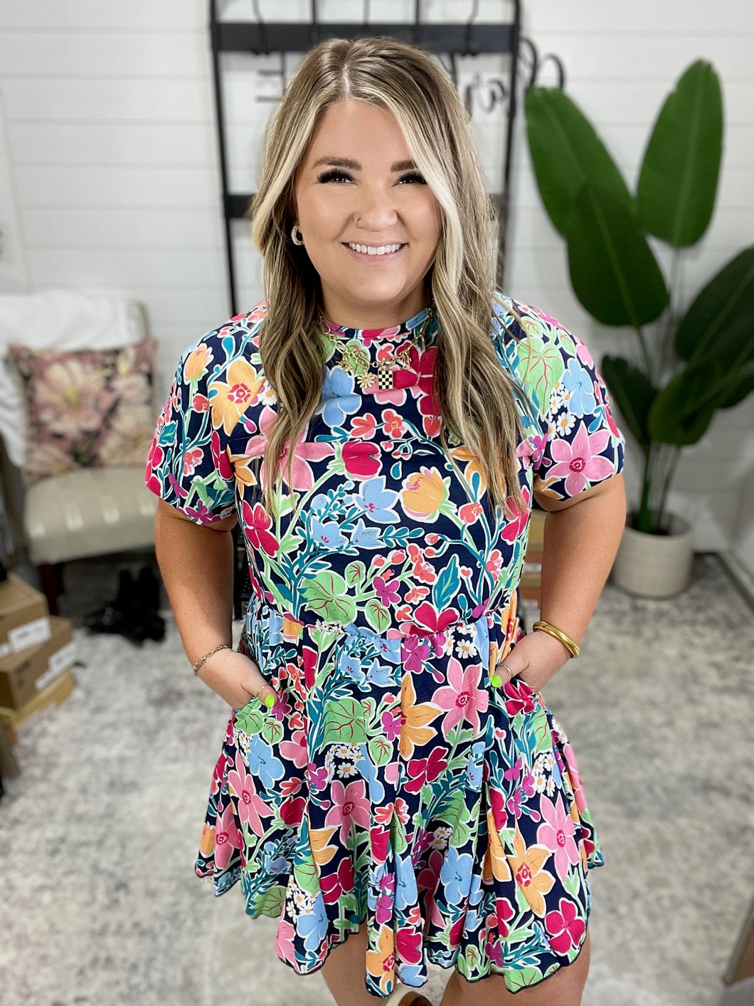 Miss Behave Bubble Sleeve Dress in Navy