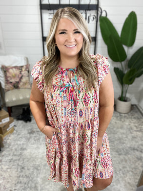 Boho and Behold Flutter Sleeve Dress in Blush/Fuchsia/Mint