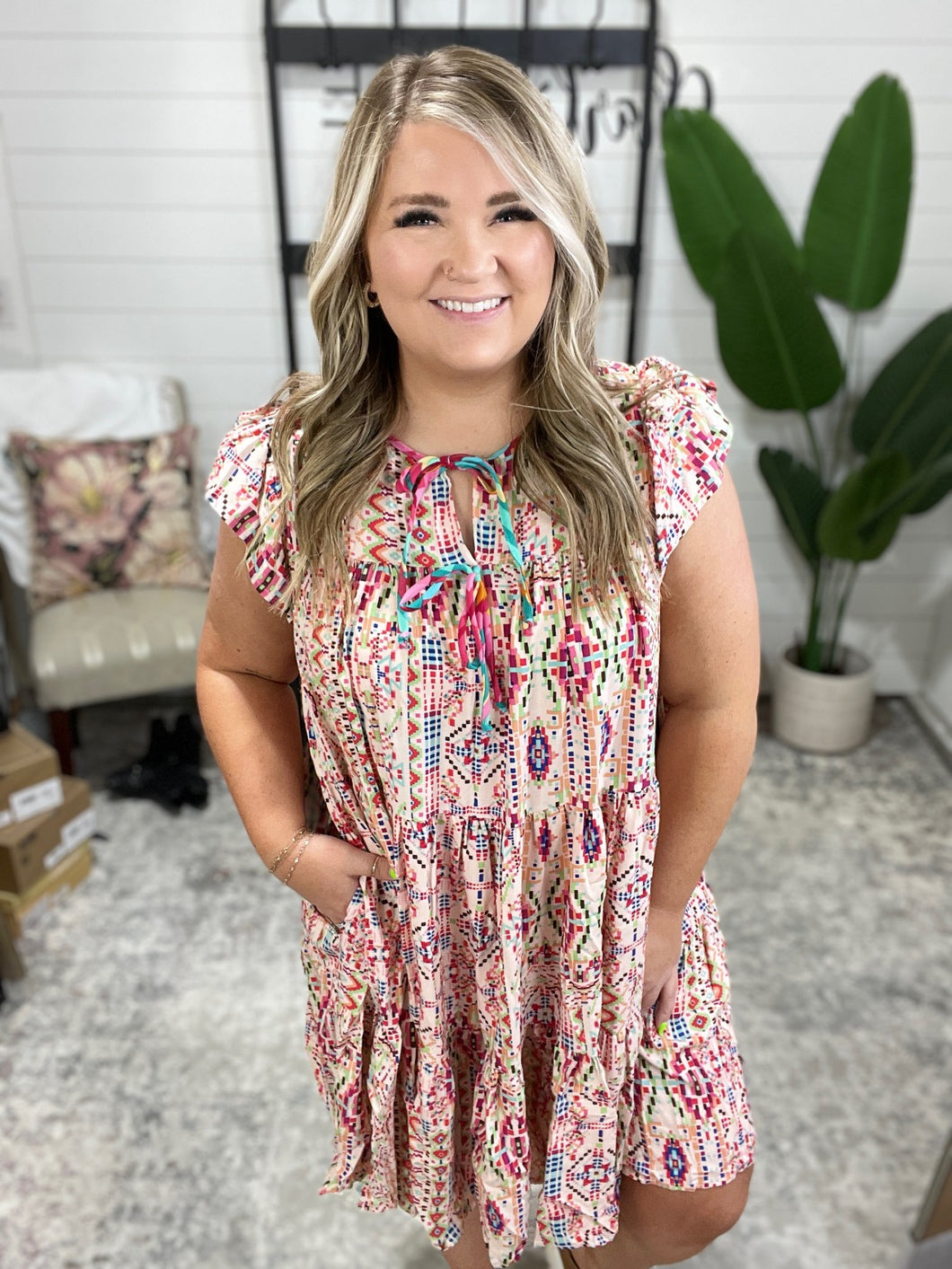 Boho and Behold Flutter Sleeve Dress in Blush/Fuchsia/Mint