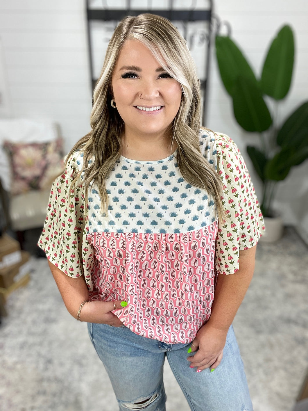 Outside Advantage Mixed Print Boho Blouse