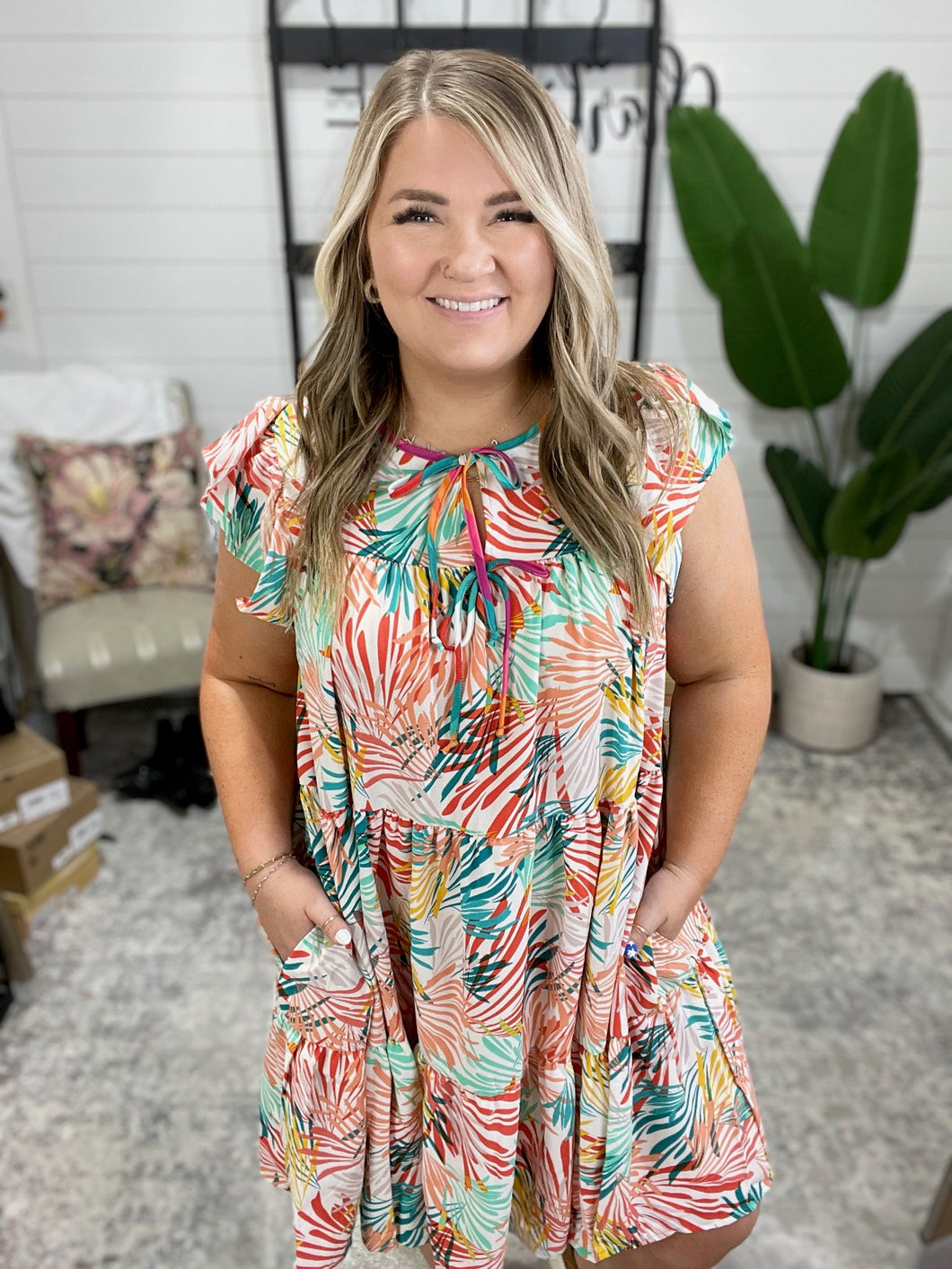 Bless Your Love Tiered Dress in Ivory, Orange and Mint