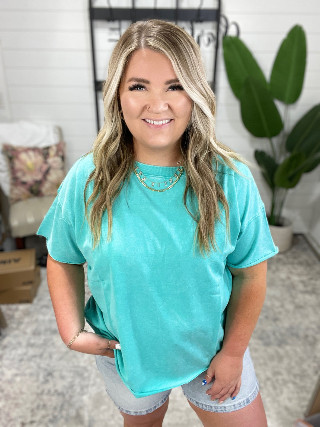 Just My Type Mineral Wash Relaxed Top in Turquoise