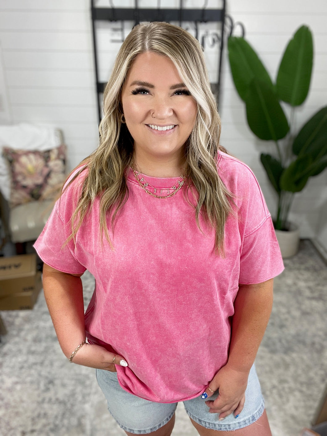 Just My Type Mineral Wash Relaxed Top in Fuchsia