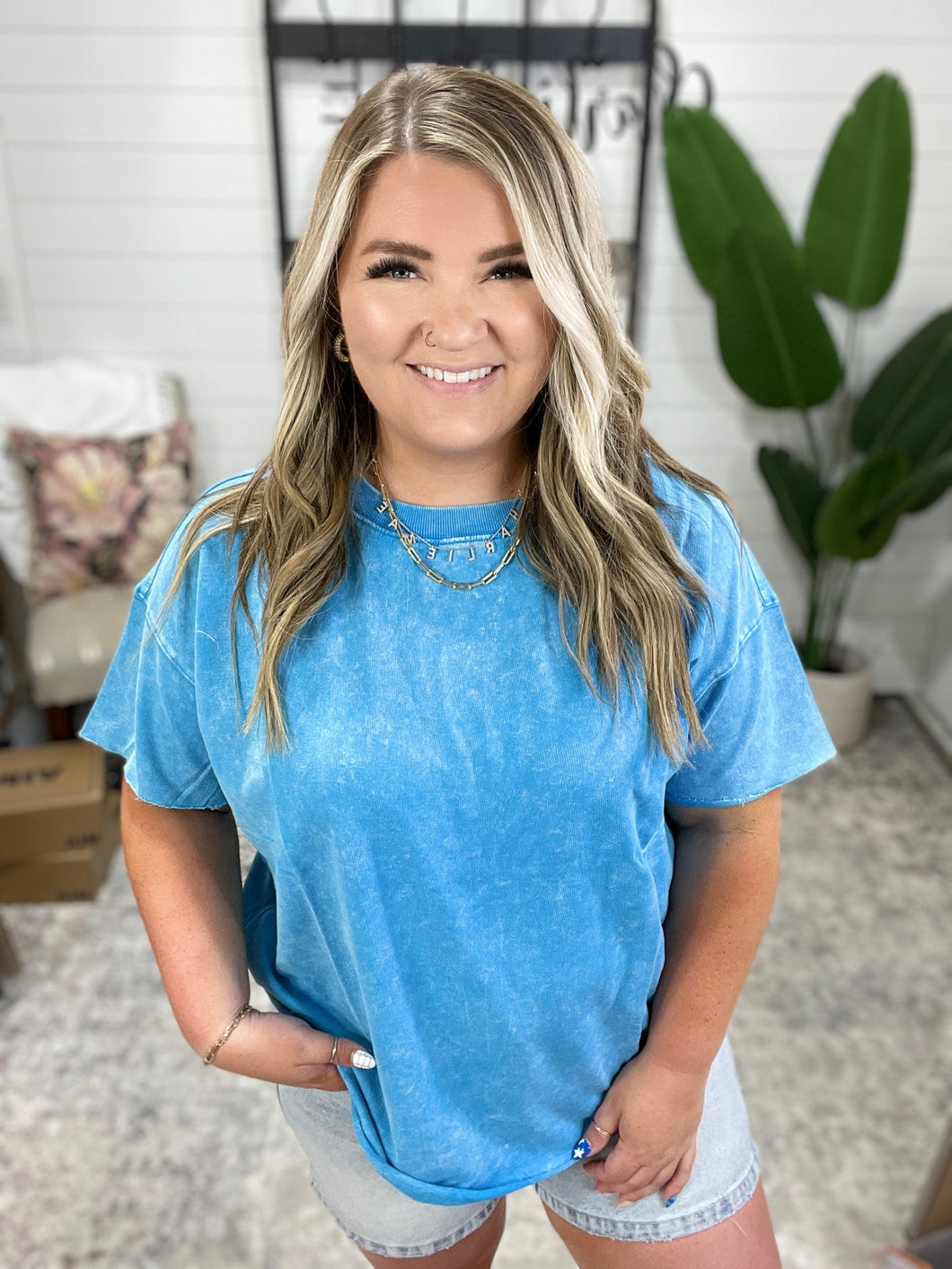 Just My Type Mineral Wash Relaxed Top in Deep Sky