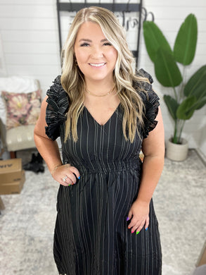 Pinstripe Romance V-Neck Ruffle Sleeve Dress in Black