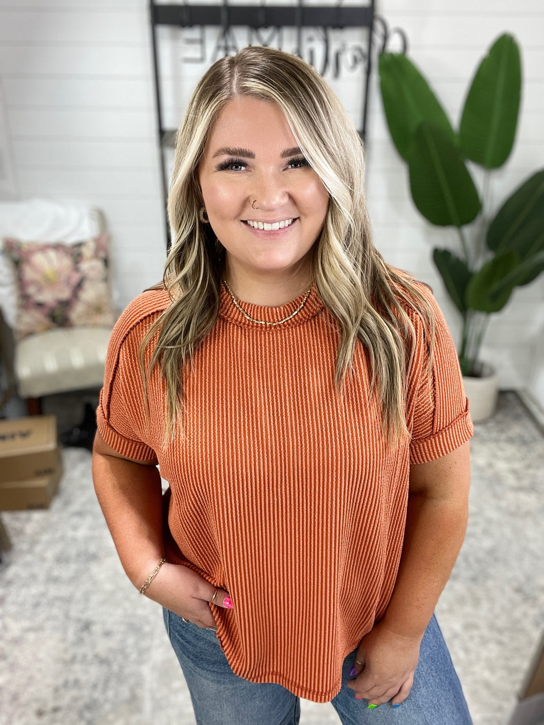 Catch Me Loungin’ Cable Ribbed Knit Top in Burnt Orange