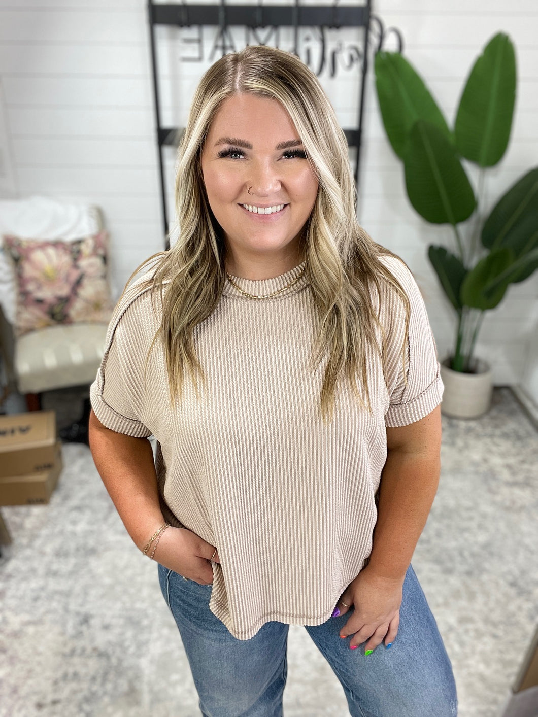 Catch Me Loungin’ Cable Ribbed Knit Top in Ash Mocha