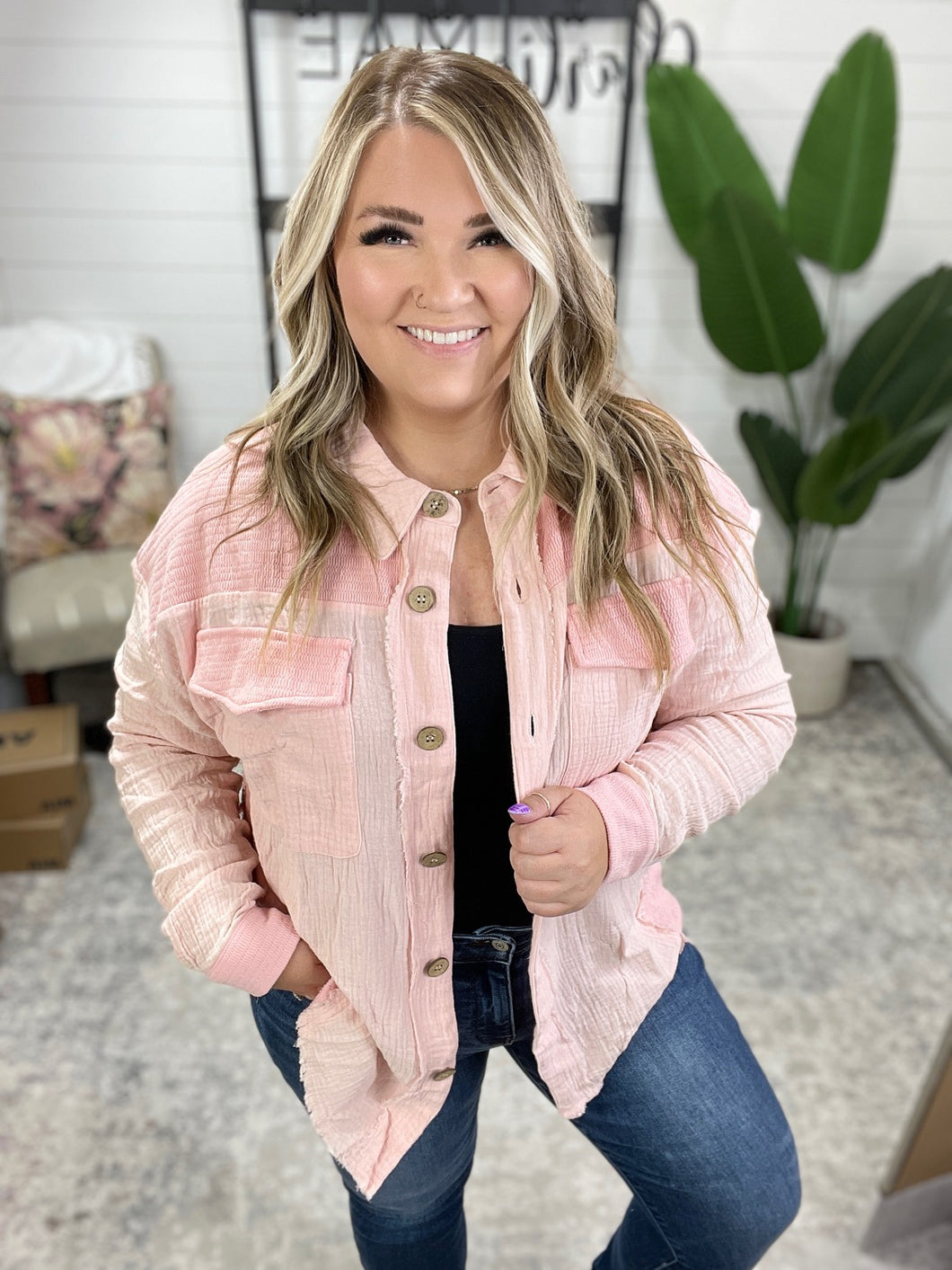 Hot & Unbothered Full Front Button Down Shacket in Pink