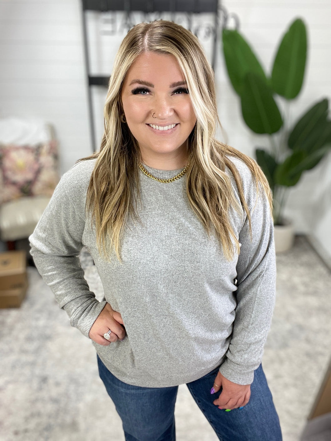 Corrine Ribbed Pullover Top - Light Grey