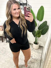 Load image into Gallery viewer, Getting Out Long Sleeve Hoodie Romper in Black