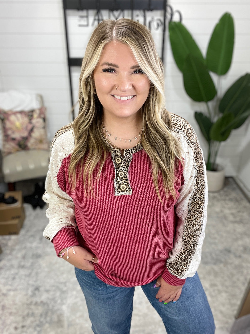 Bold Behavior Contrast Color Block Top in Burgundy