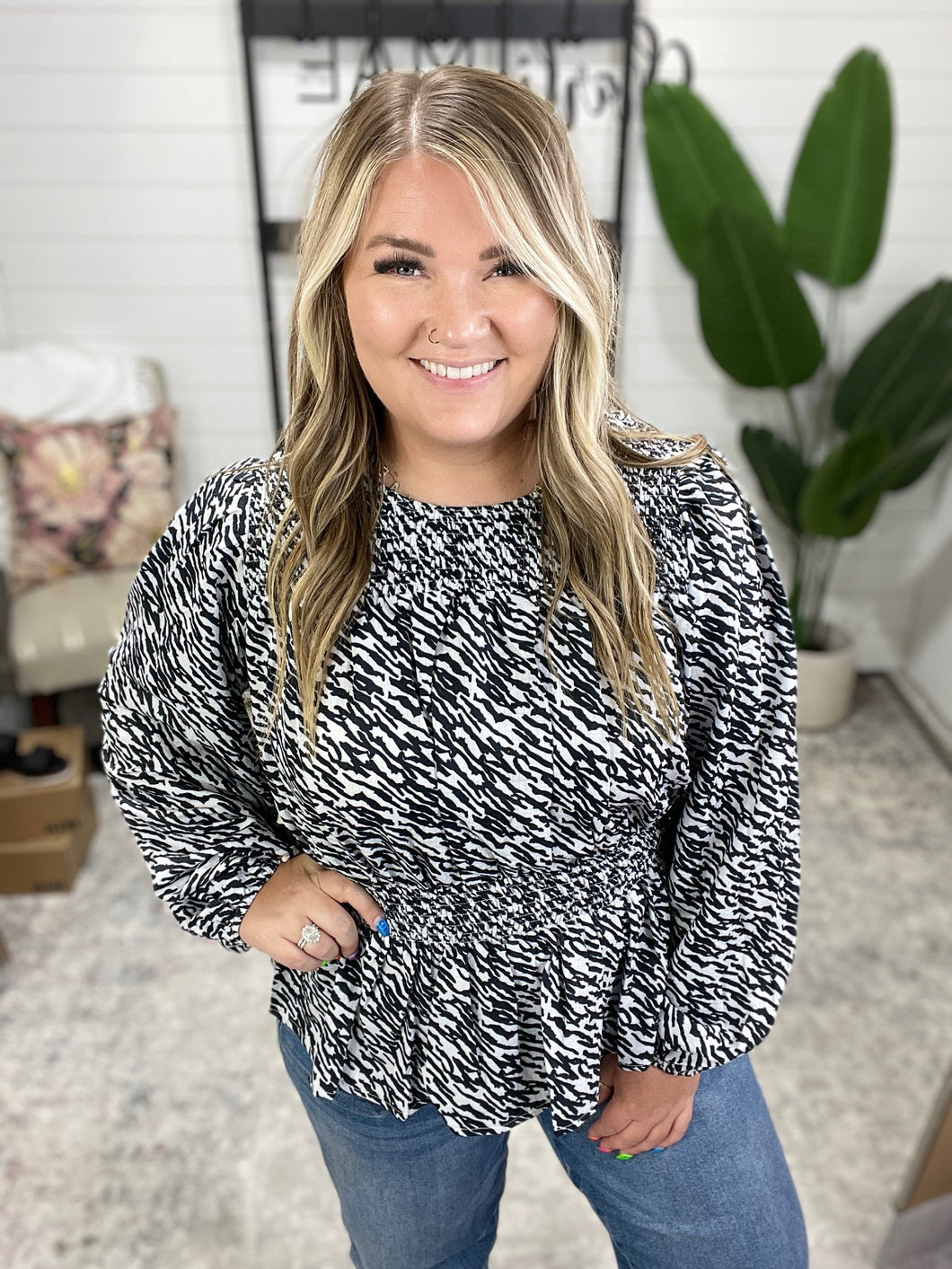 Muse Moves High Neck Peplum Blouse in Black