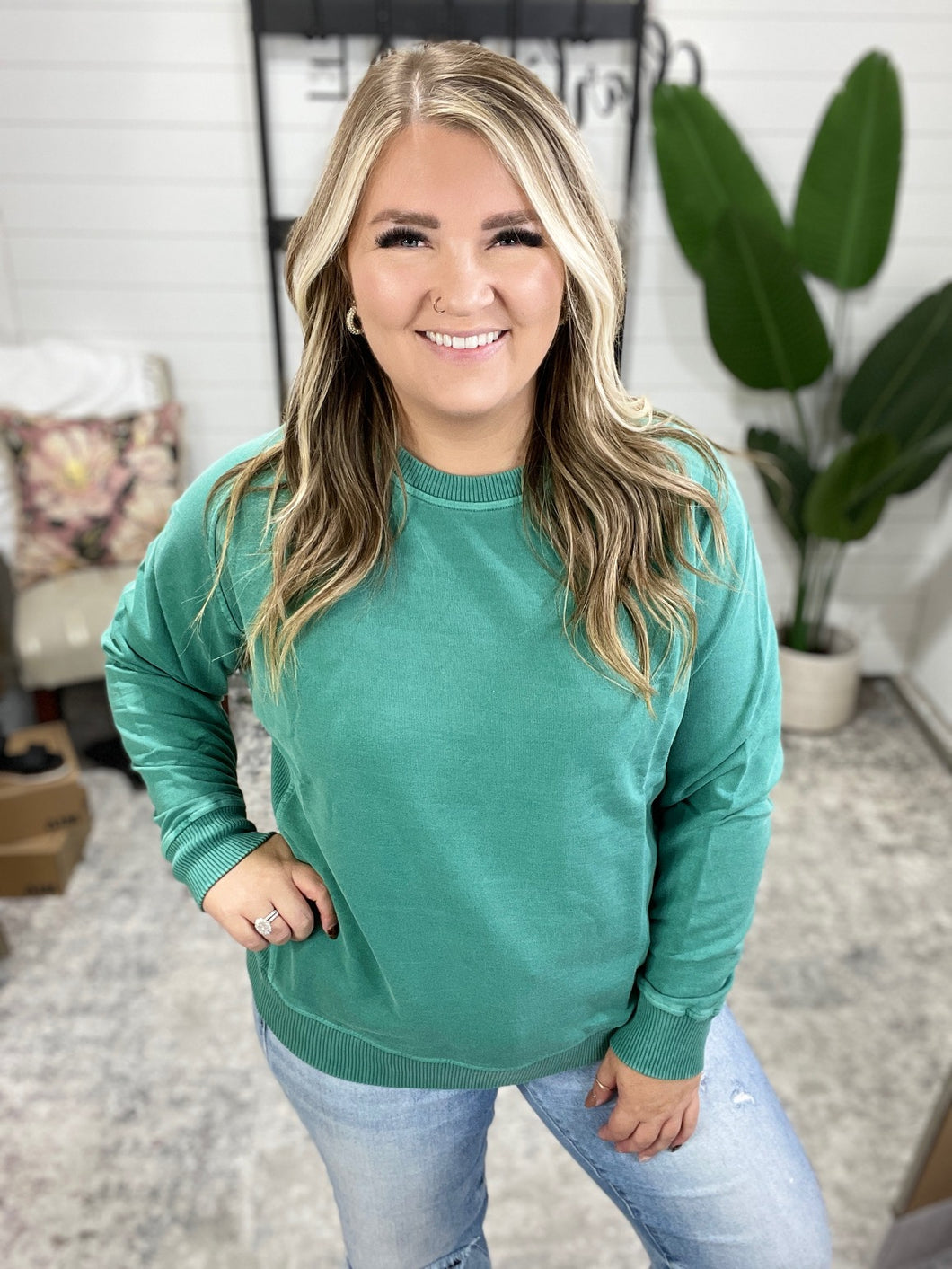 Daily Ease Mineral Wash Pullover in Dark Green