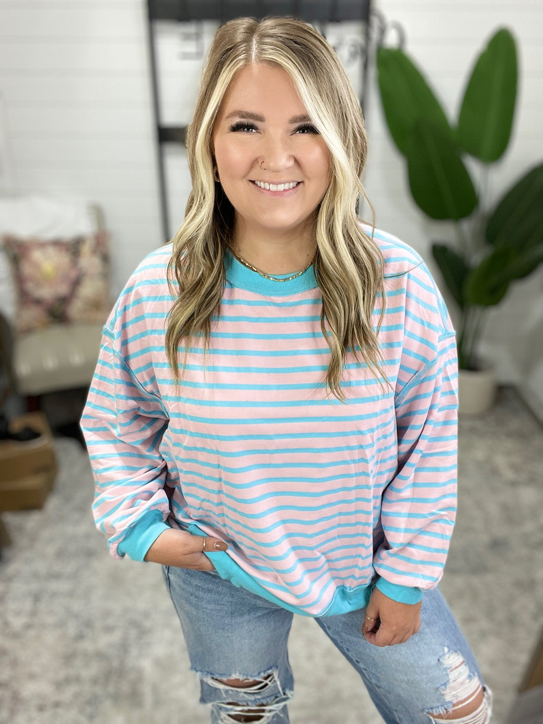 Color Clash Drop Shoulder Long Sleeve