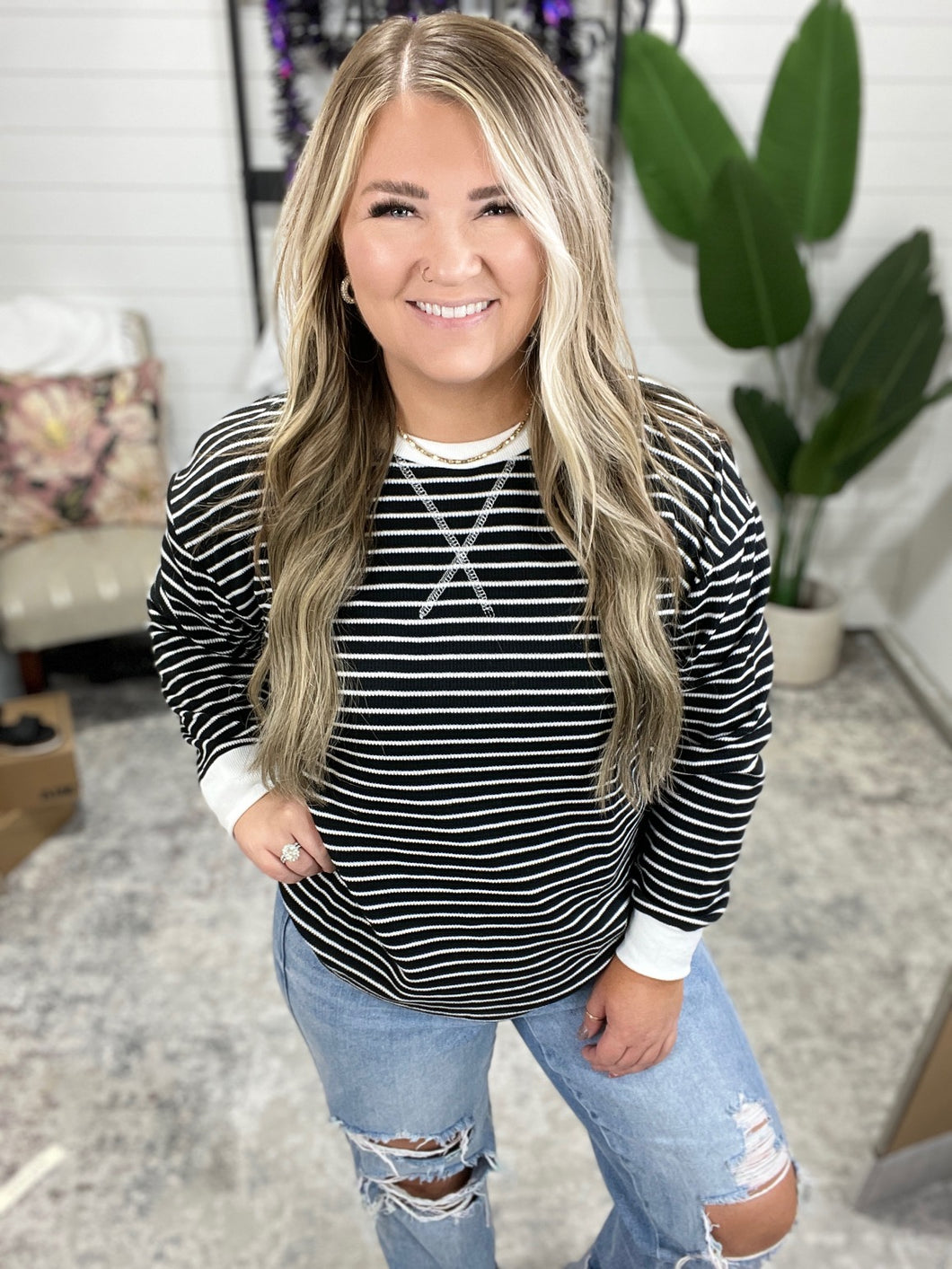 Lola Striped Thermal Top - Black