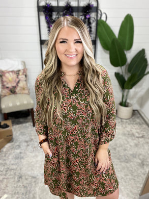 Lizzy Long Sleeve Dress in Olive Paisley