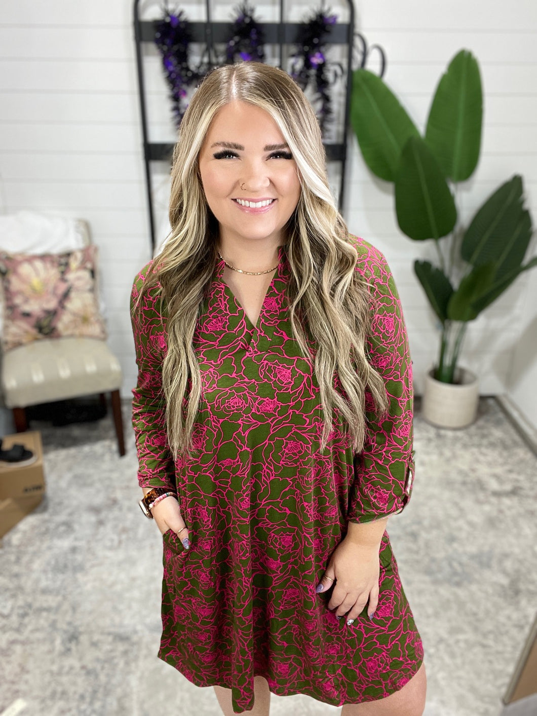 Lizzy Long Sleeve Dress in Pink and Olive Abstract Floral