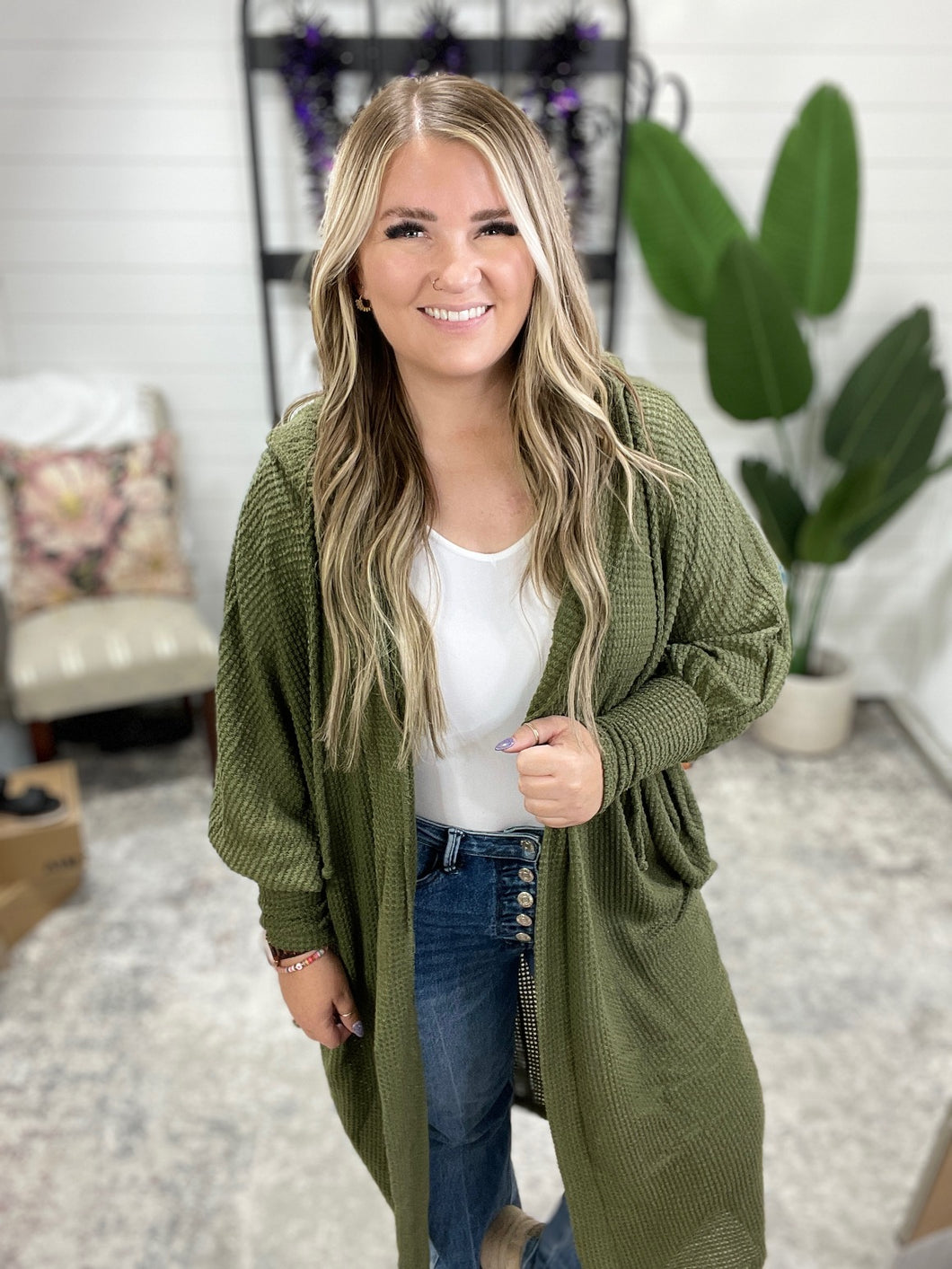 Pamper Travel Hooded Cardigan in Olive