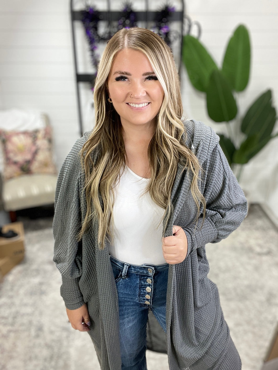 Pamper Travel Hooded Cardigan in Charcoal