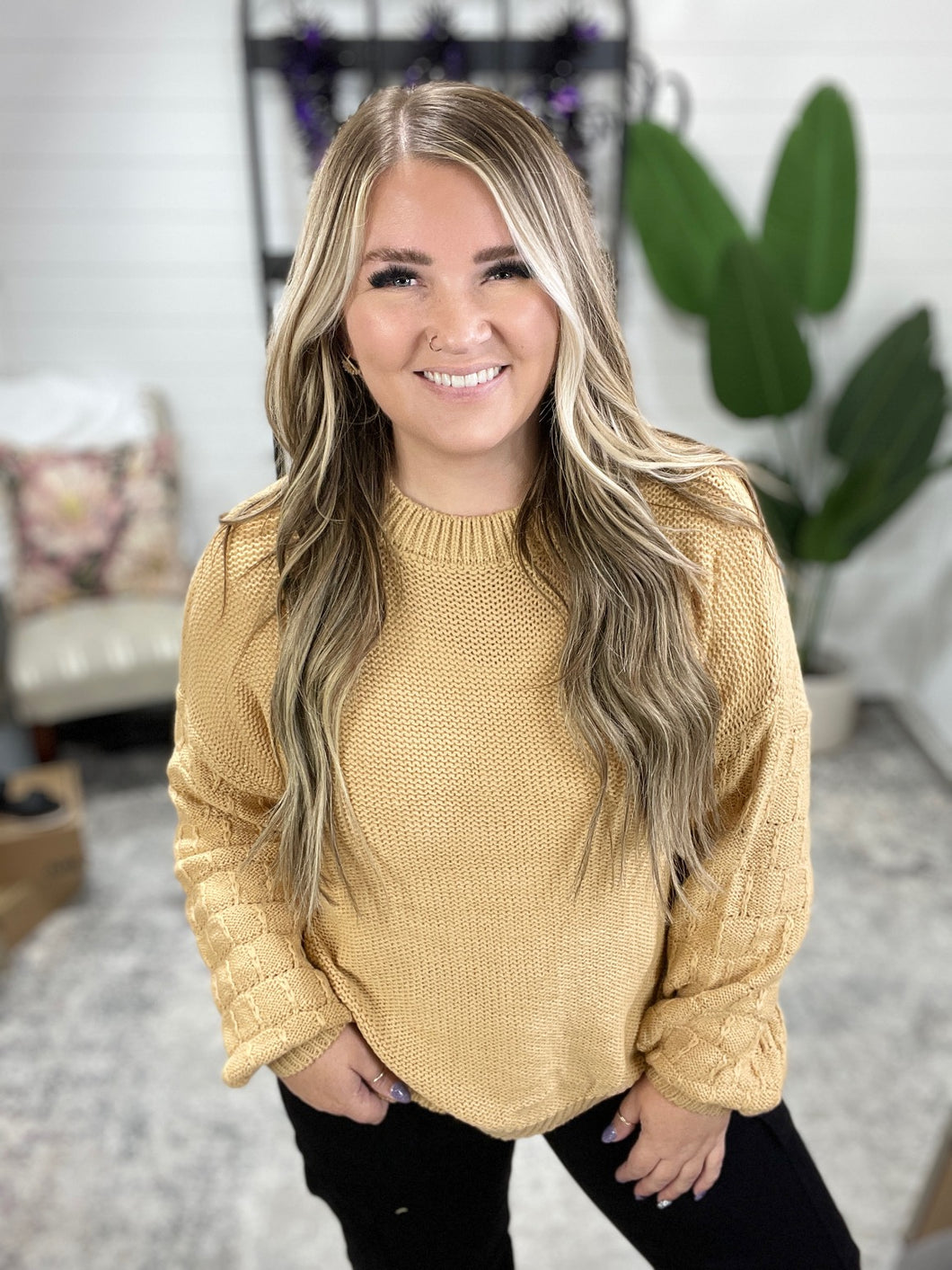 Bubbly Personality Bubble Sleeve Sweater in Wheat