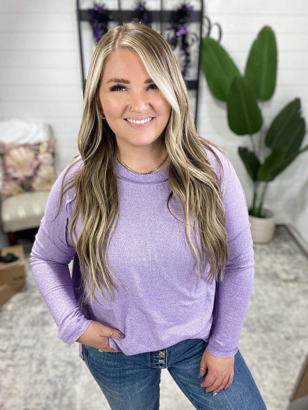 Mellow Mood Heathered Pullover in Lavender